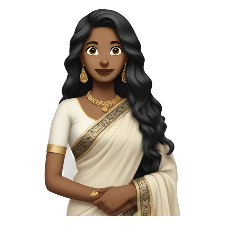  beige skin ;Black long hair wearing white saree sticker