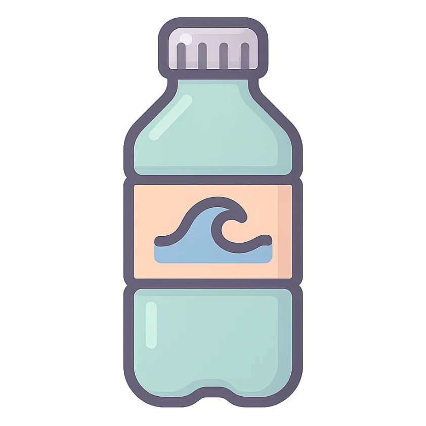 water bottle with wave on label, icon-color-outlined style, Chinese Eastern style, thin clean contours, soft rounded shapes, pastel palette #98B5BC, #B5B3C1, #C9A3C9, #E4C0CA, #F7DCD1, #F7C0AA, detailed shadows and highlights, soft lighting, transparent background, no decoration sticker