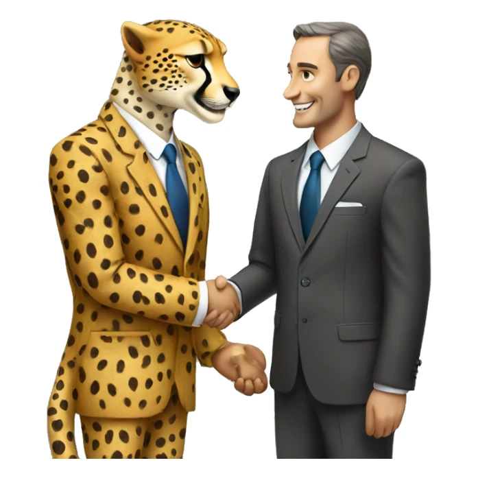 A cheetah in a classic suit shakes hands with a man  sticker