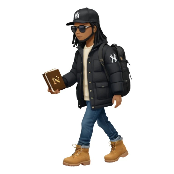 African American man with shoulder length black dreadlocks and black sunglasses wearing a black New York Yankees baseball hat with a North Face brand bubble winter coat with denim skinny jeans and timberland boots walk holding a holy bible in hand sticker