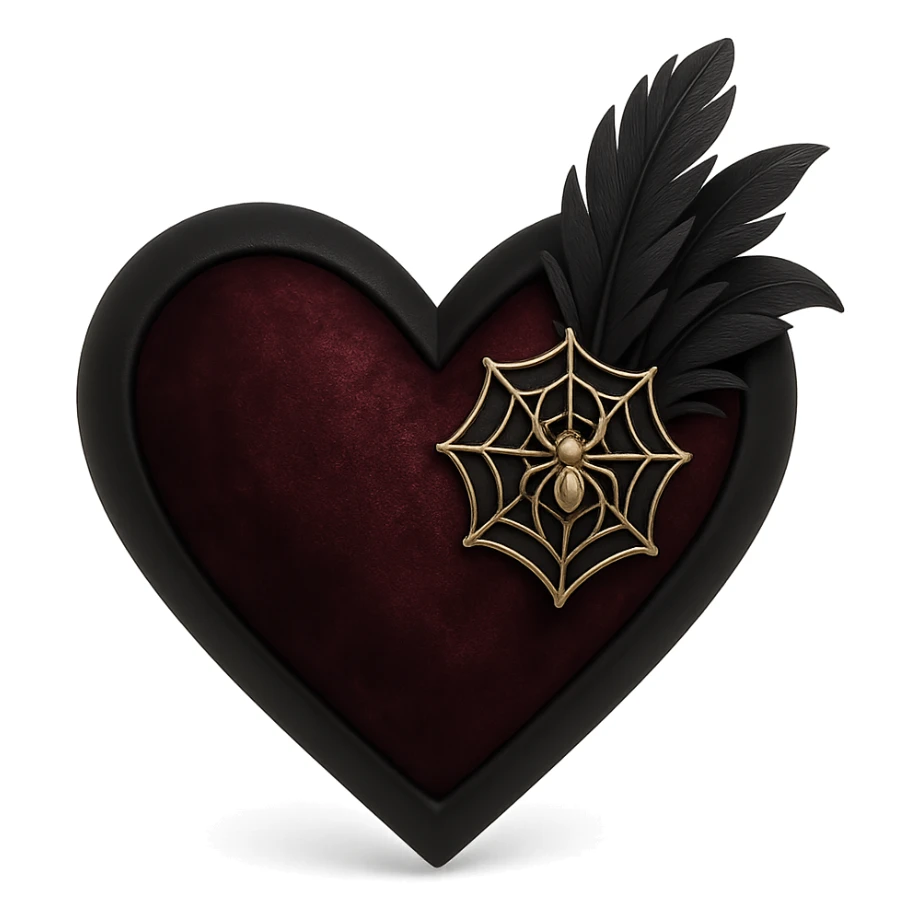 3D black style gothic heart, dark crimson velvet texture, silver spiderweb brooch, black feather accents, moody and rich gothic design sticker