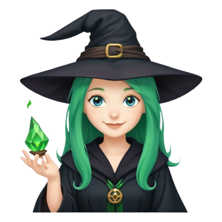 Young Witch in black robe and a witch's hat with green magic in her hand, long green hair and blue eyes smiling sticker