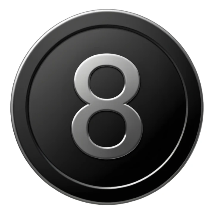Emoji icon of a black coin with engraved number 8, minimalist style, isolated sticker