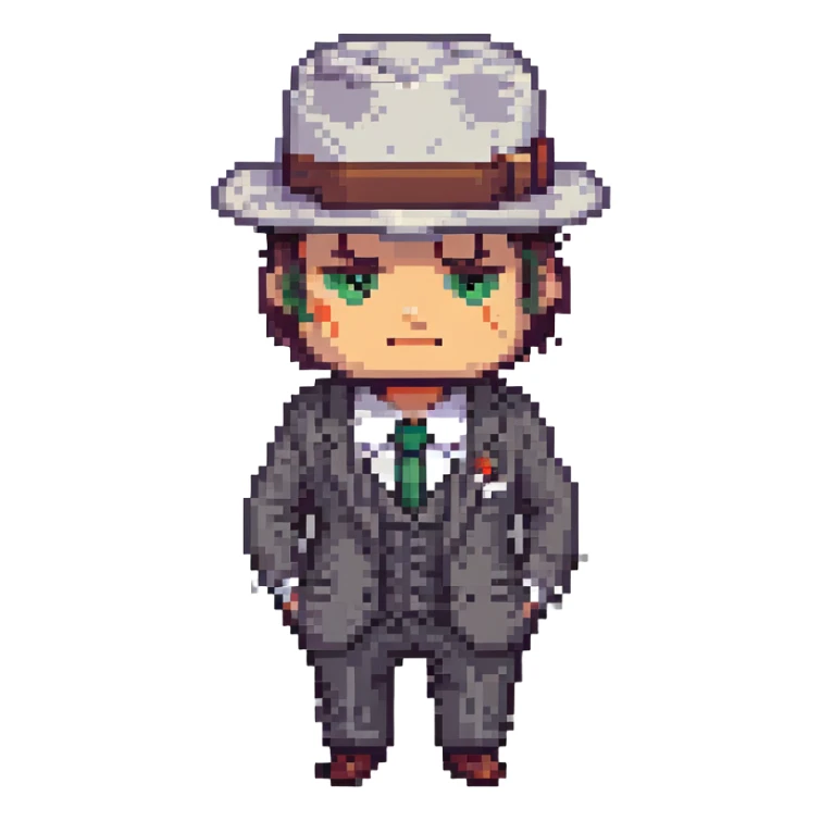 gangster character, pixel art style, classic mobster look, hat, suit, stern expression sticker