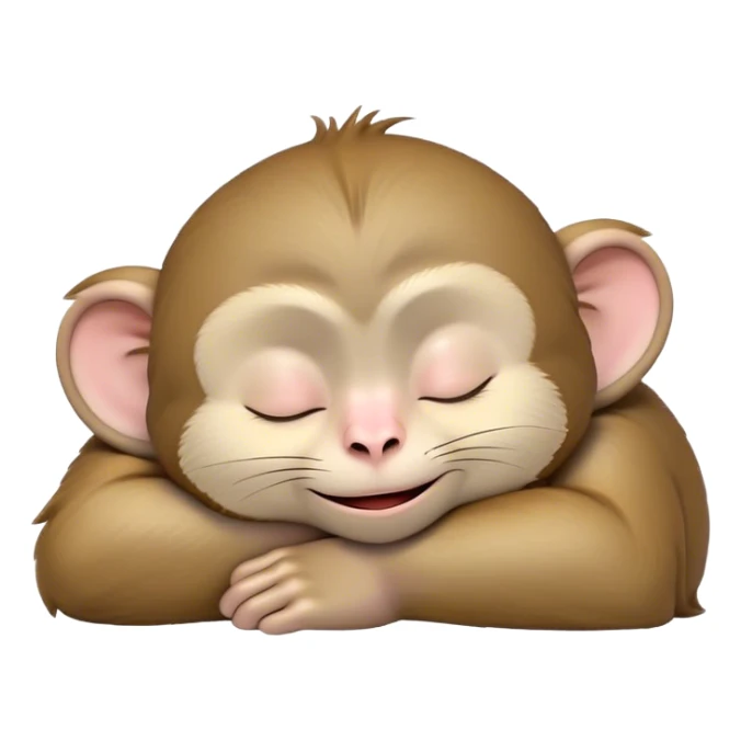Meme-Worthy cute Sleeping Macaque Portrait Emoji, Head resting peacefully with a contented smile, showcasing soft, downy fur and eyes gently closed in serene slumber, Simplified yet comically adorable features, highly detailed, glowing with a soft, drowsy glow, high shine, relaxed and utterly lovable, stylized with an air of playful laziness, bright and heartwarming, soft glowing outline, capturing the essence of a sleeping macaque that feels destined to become the next viral icon of adorable rest! sticker