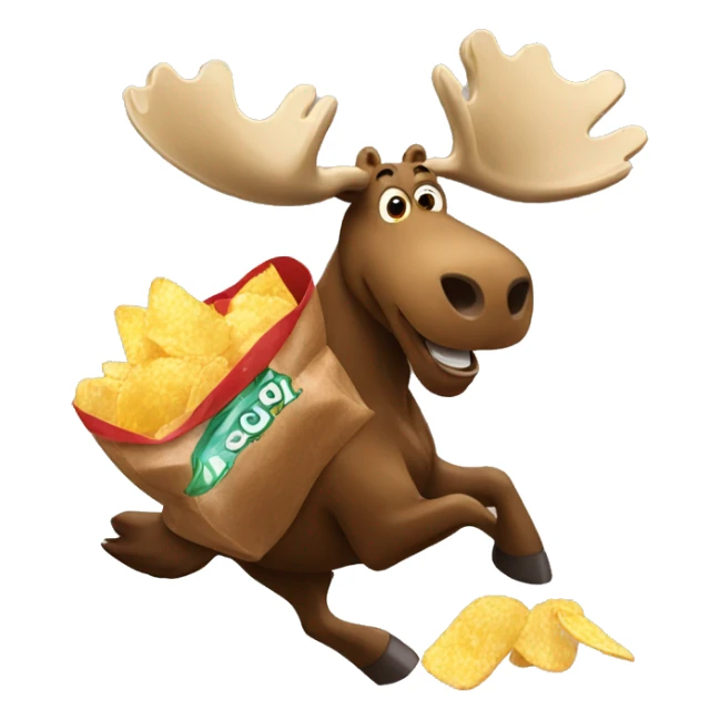 A moose running with a bag of chips and a bottle of coke sticker