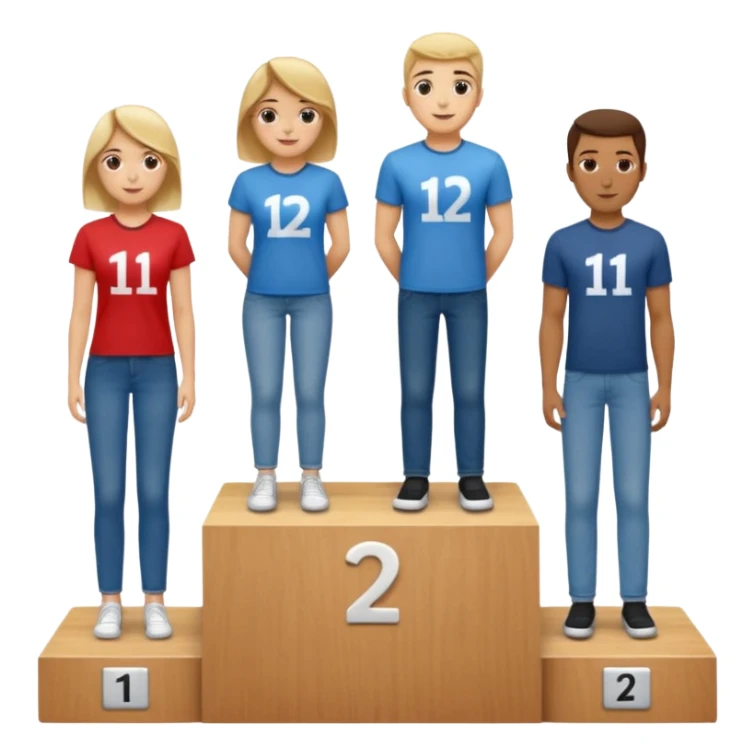 show people on podium in first, second and third place.  The podium should be labled 2, 1, 3.  The middle position should only have the number 1.  the people should be dressed in relaxed clothes like jeans and t-shirts sticker