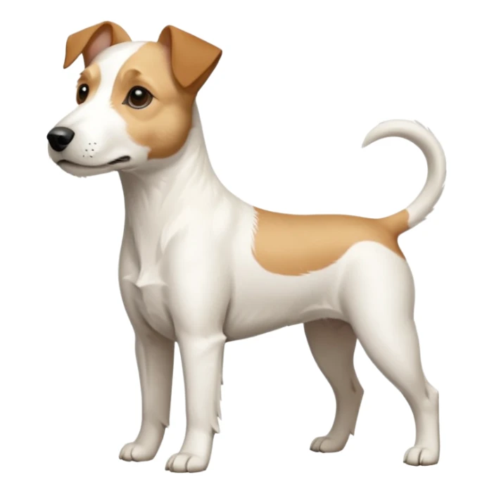 a full body facing front on of a buff white parson russell terrier looking dog the size of a kelpie with light brown long ears and a light brown patch on one eye and a large snout. the rest of the dog is completely white.  sticker