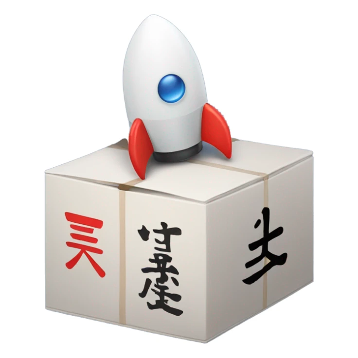 A box with Chinese characters, symbolizing a shipment from China.rocket ship sticker