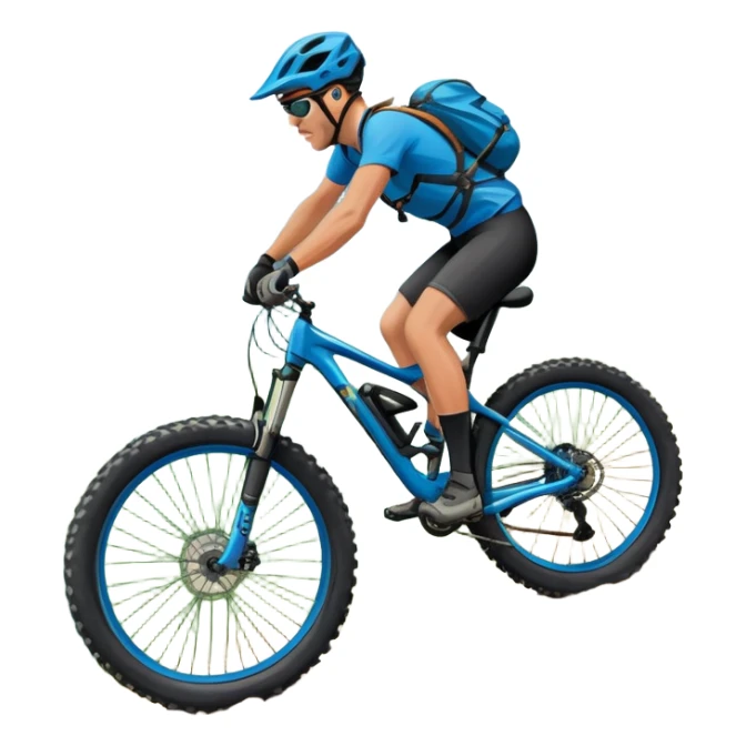 An icon featuring a mountain bike with thick tires on a rugged trail. The background showcases a breathtaking mountain landscape with green slopes, rocky peaks, and a bright blue sky. A cyclist in a helmet rides downhill, kicking up dust.  Transparent background emphasizes adventure and speed sticker