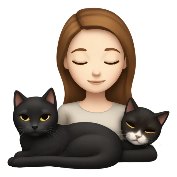 White girl brown hair sleeping, cuddle two black cats sticker
