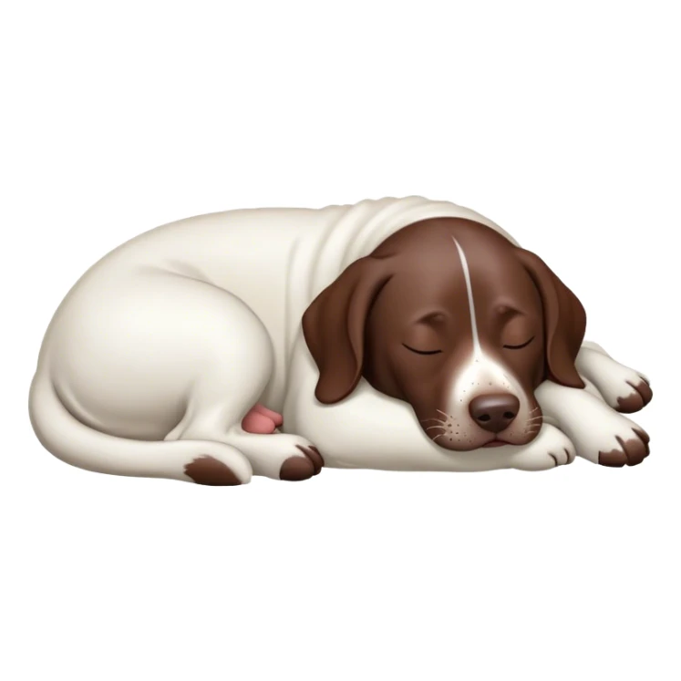 Cinematic Meme-Worthy Chubby Sleeping German Pointer Portrait Emoji, Head resting peacefully with a contented smile, showcasing a delightfully chubby build and a luxuriously soft liver and white coat, eyes shut in a serene nap, Simplified yet hilariously adorable features, highly detailed, glowing with a soft, drowsy light, high shine, relaxed and utterly lovable, stylized with an air of playful laziness, bright and heartwarming, soft glowing outline, capturing the essence of a comically sleepy hunter, so meme-worthy it feels like it could instantly become the next viral sensation of adorable slumber! sticker