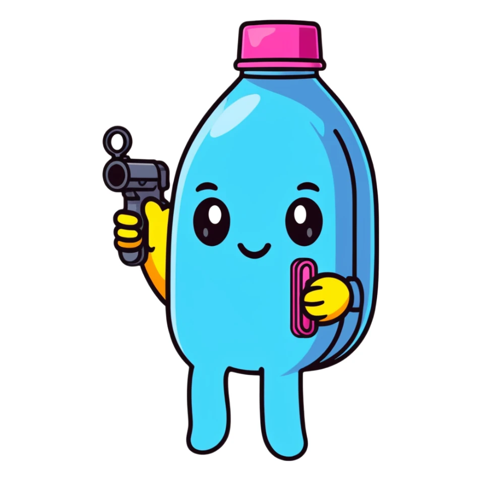 emoji face holding a water gun, bright colors sticker