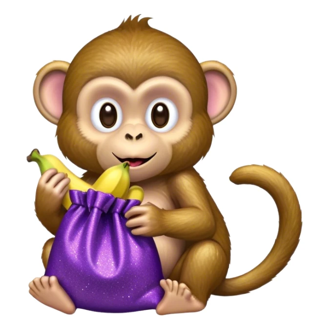 Monkey eating a banana with a purple glittery bag sticker