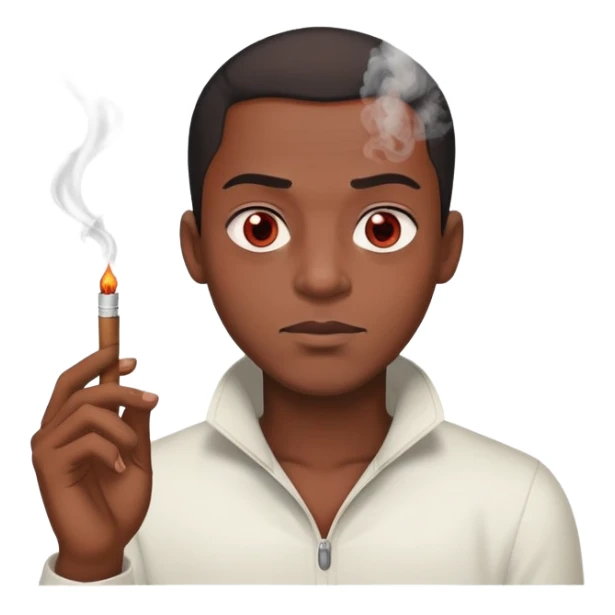 black male character, light red eyes, visibly high, holding a joint, smoke rising, relaxed expression sticker