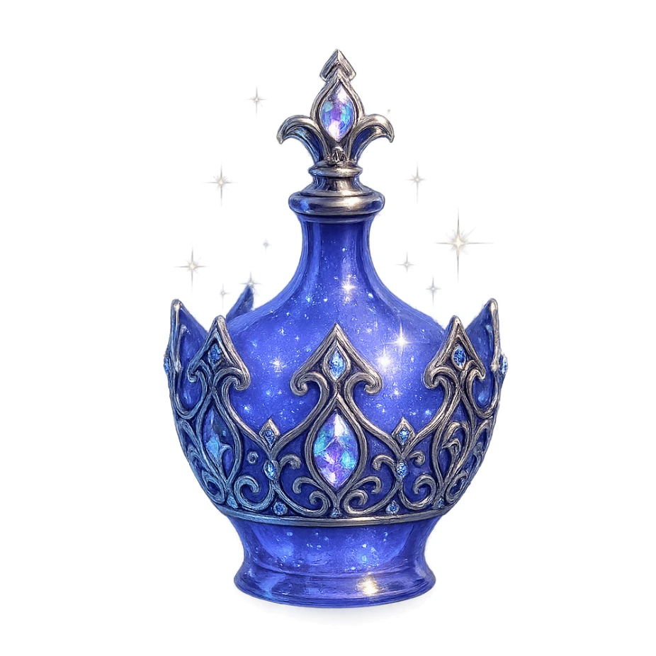 ultra luxurious small elixir bottle in crown shape, color #7986cb, bold and intricate silver and iridescent details, maximum magical glowing and sparkling effects, very small neck, seamless bottom, transparent background, bottle floating in air, no base or shadow, modern, perfectly matching a magical luxury collection sticker