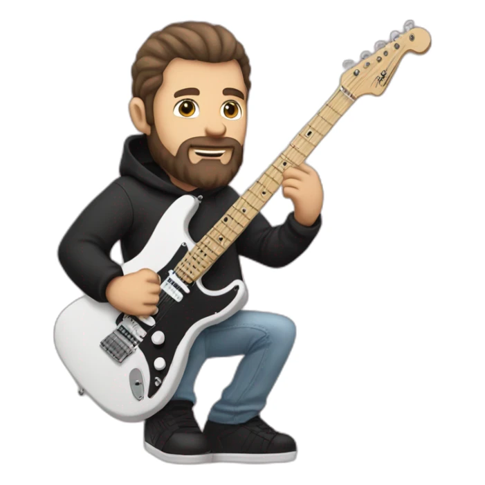 white man with dark beard and black t shirt and pastel pink stratocaster electric guitar sticker