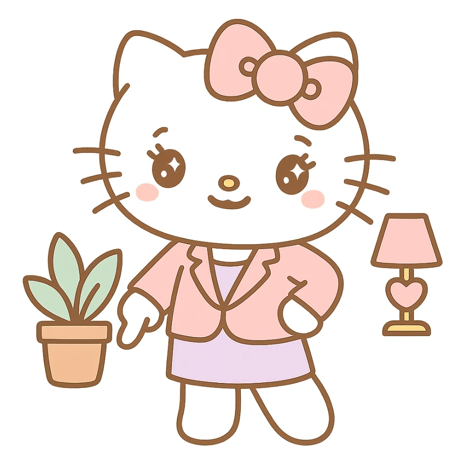 Add hands in the 'periodt' meme pose (one hand on hip, other hand pointing down with attitude), keep the character girly CEO cat, Hello Kitty world, kawaii style. sticker