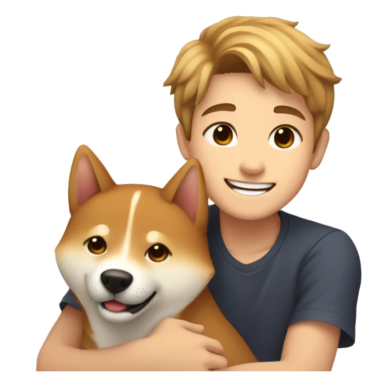Light brown hairs boy with brown eyes and wide brows 12 years smiling and hugging with dog shiba inu  sticker
