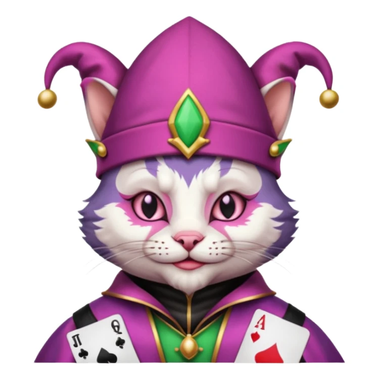 court jester cat medieval, single poker card joker clearly visible, pink, face only, court jester cap sticker