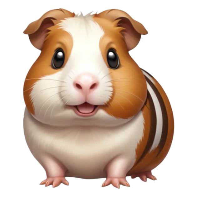 Cinematic Comical Brown and White Banded Guinea Pig Portrait Emoji, Head tilted dramatically with an exaggeratedly amused expression, featuring a striking fur with bold brown and white banding, wide, expressive dark eyes filled with playful disbelief, Simplified yet hilariously expressive features, highly detailed, glowing with a slightly sassy glow, high shine, dramatic yet playful, stylized with an air of cheeky mischief, bright and endearing, soft glowing outline, capturing the essence of a spirited and over-the-top guinea pig, so meme-worthy it feels like it could side-eye its way into internet fame instantly! sticker
