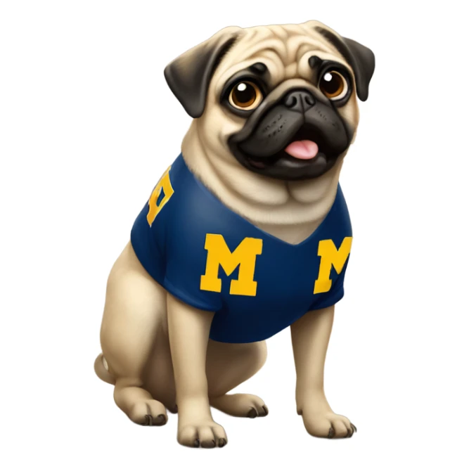 Pug wearing a university of Michigan shirt sticker