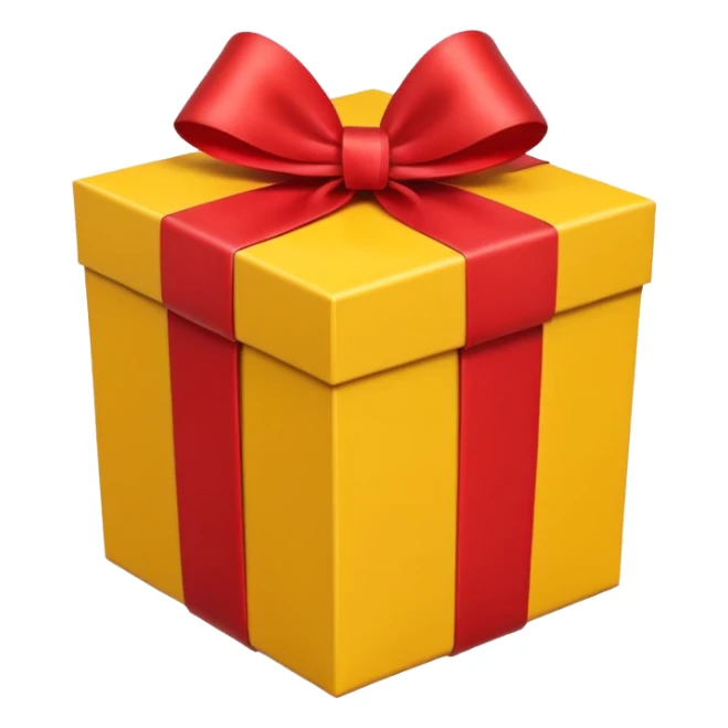 single yellow gift box with red ribbon bow, isolated on white background, high detail, soft natural lighting, no text, no watermark --ar 1:1 --v 6 sticker