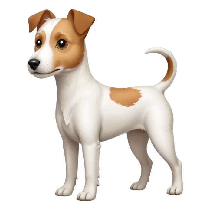 a full body large white parson russell terrier looking dog the size of a kelpie with light brown long ears and a light brown patch on one eye and a large snout sticker