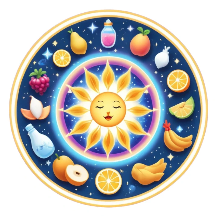 Magical daily fitness nutrition schedule with ethereal water bottle, celestial sun, enchanted chicken and rice plate, mystical gym equipment, glowing yogurt, sparkling fruits, and dreamy sleep symbol, all arranged in a cosmic circle with starry aura sticker