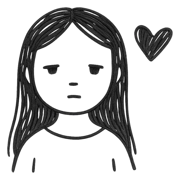 pale girl with long black hair and a black heart sticker