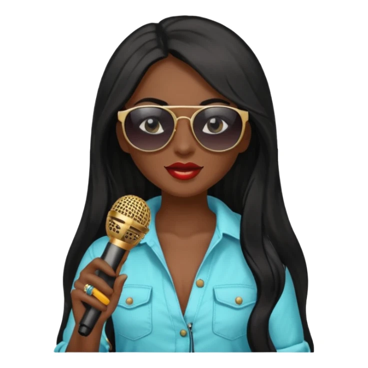 dark long haired woman with summer clothes and sun glasses holding microphone sticker