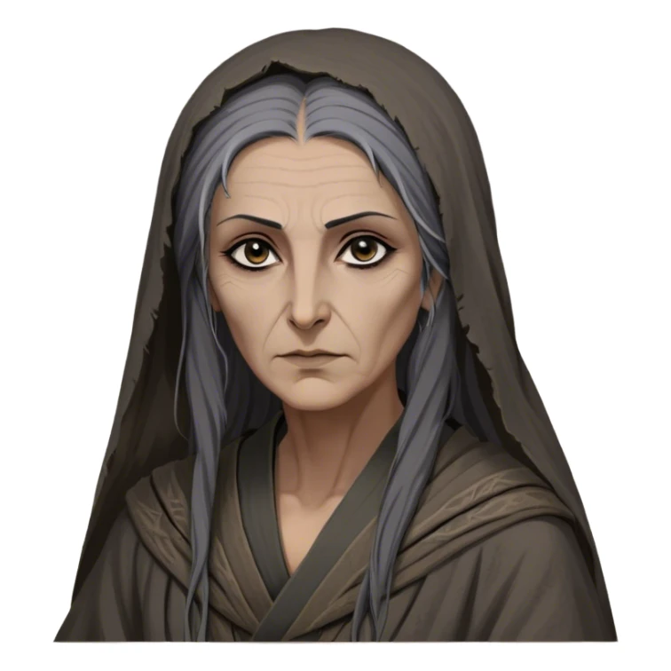 Mirri Maz Duur is a weathered, age 55 Lhazareen woman with deep-set dark eyes, high cheekbones, and a sharp nose, giving her a stern, knowing expression. Her long, unkempt dark hair streaked with gray falls loosely over her shoulders, and her earth-toned, tattered robes mark her as a humble healer. Despite her frail appearance, she exudes an aura of mystery and menace, her hands stained with herbs and blood from both healing and dark sorcery. sticker