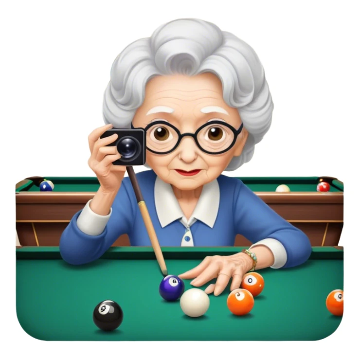 Old lady taking photo of billiards sticker