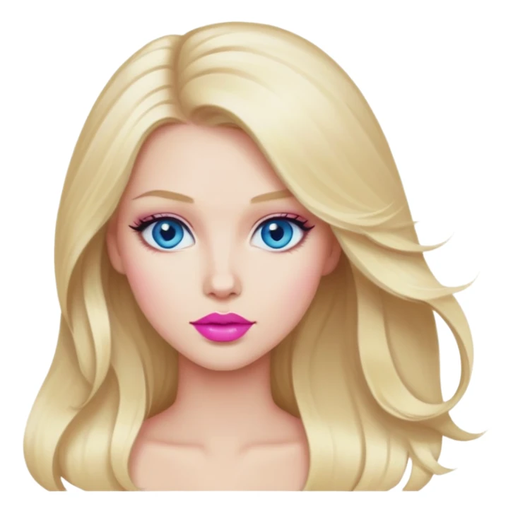 blonde, long blowdried hair, blue eyes, pink lipstick sticker