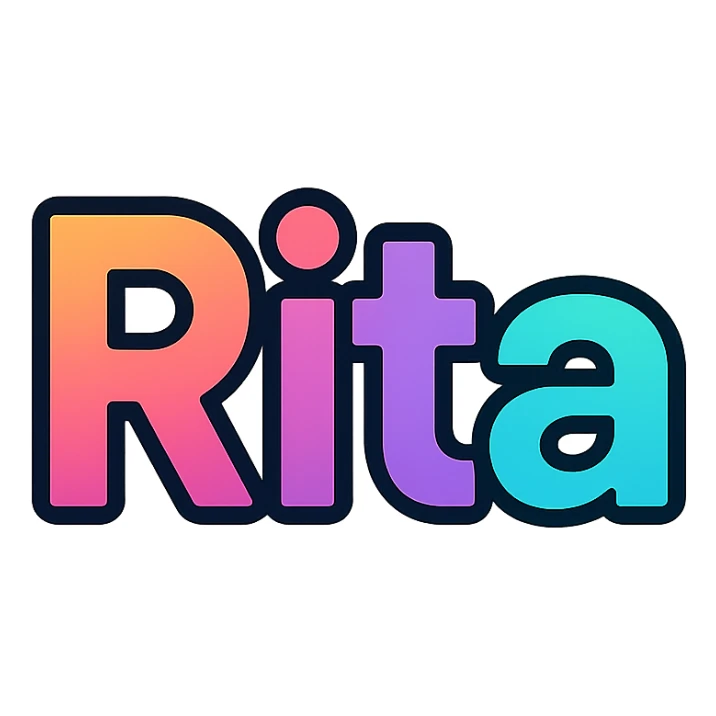Rita name in modern colorful gradient font with dark outline, transparent background, in the style of the sample images sticker