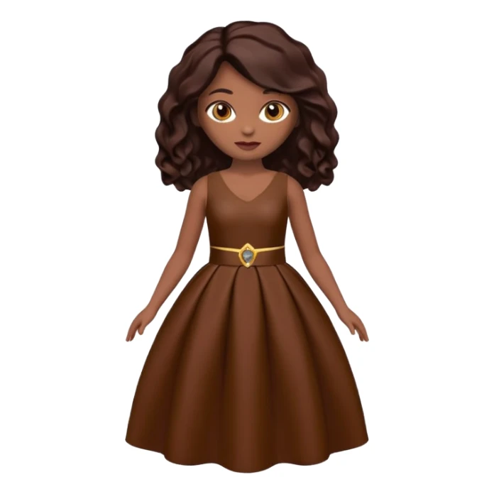 Boneca digital em estilo 3D realista e fofo, semelhante a uma boneca colecionável. Mulher jovem com pele negra, olhos castanhos escuros, cabelo liso cor chocolate, longo e bem alinhado.  sticker