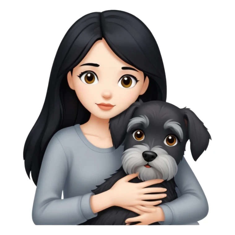 A beautiful girl with long black hair hugs a Schnauzer sticker