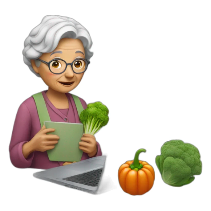 Old woman with a laptop and a vegetable sticker