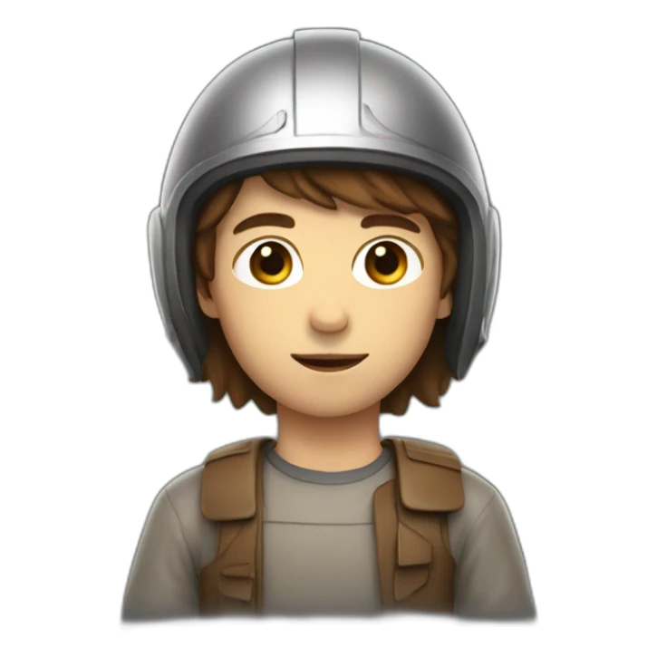 boy with longer brown hair covered with a helmet sticker