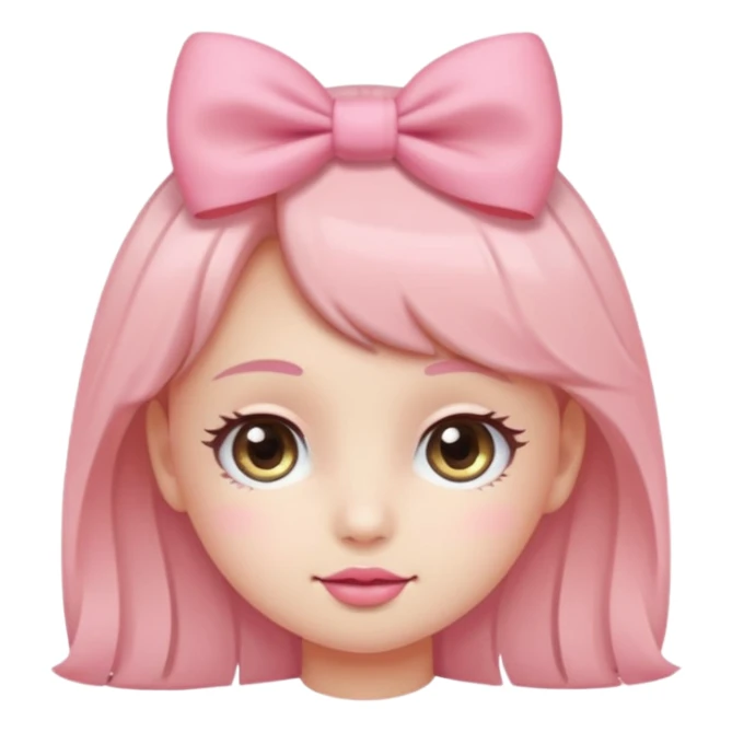 Cute coquette emoji, round face, big sparkling eyes, soft blush on cheeks, small pink bow on top of the head, pastel colors, simple vector style, transparent background


 sticker