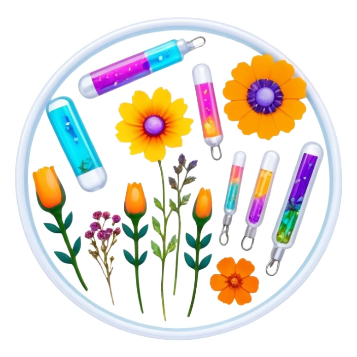 Epoxy resin art icon, jewelry and decorative items made with fluorescent epoxy resin, glowing effect on the resin, finished resin jewelry with dried flowers embedded inside, visible tubes of resin with bright colors, mixing tools, and molds, minimalistic style, clean lines, transparent background sticker