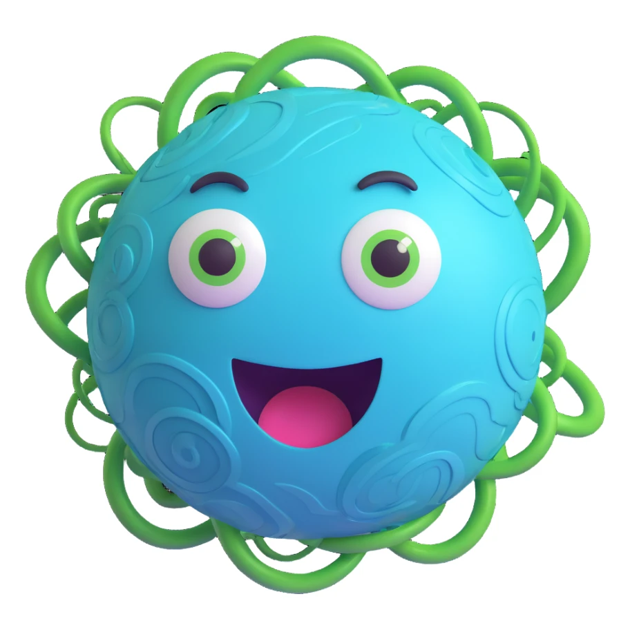 Uranus emoji with a playful, chaotic face, blue-green planet, swirling rings, and electric accents, representing unpredictability and innovation sticker