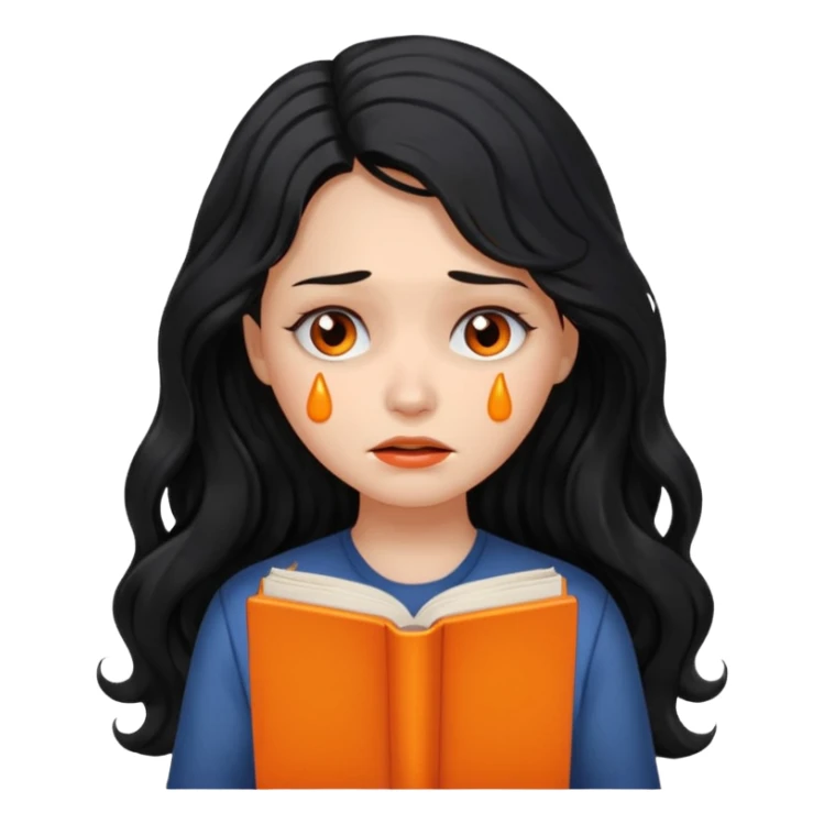 Long Hair Women with orrange Book, Black wavy hair, sad, crying

 sticker