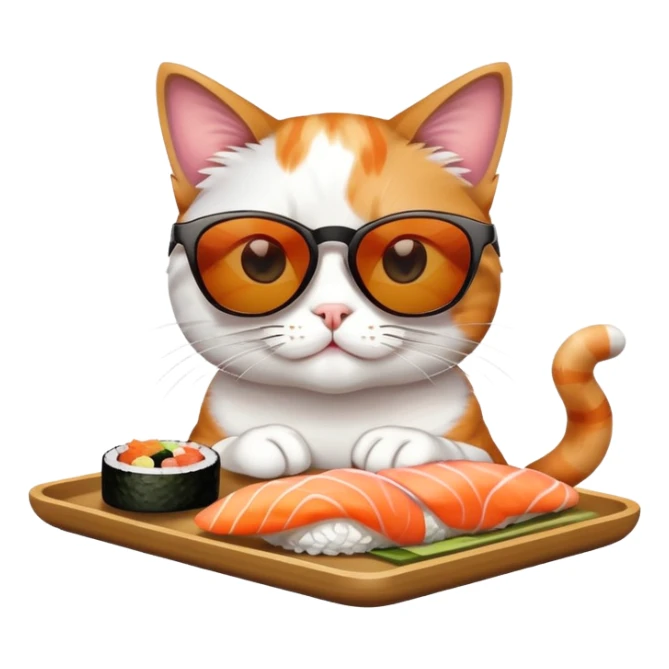 cat wearing sunglasses and eating sushi sticker