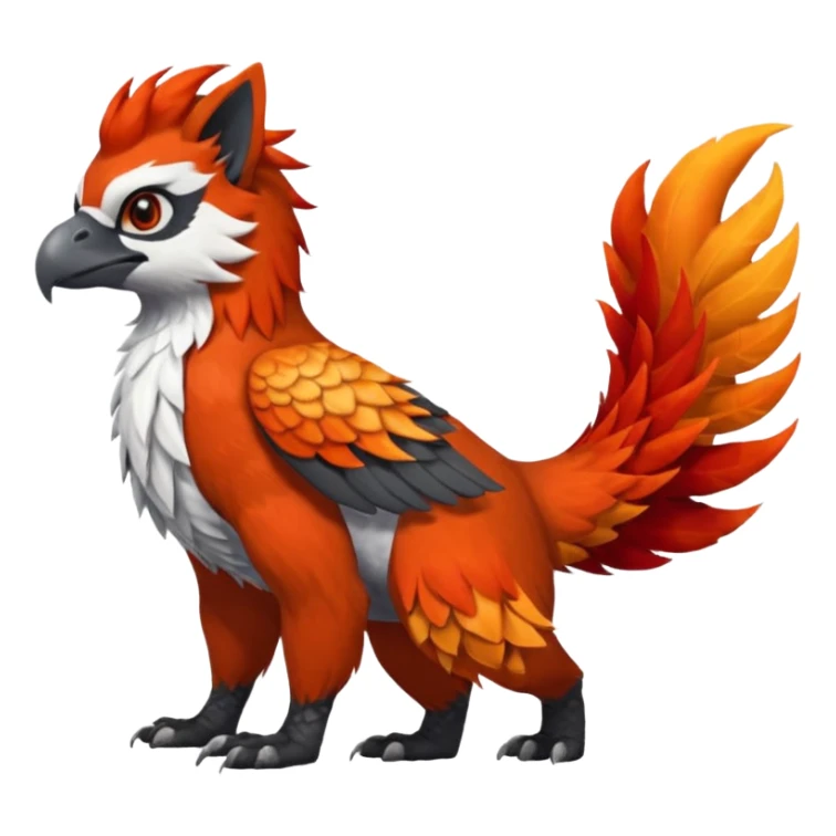 4-legged scaly long-big-beaked Gryphon-Talonflame-Red-Panda-Silvally-fusion-hybrid-animal-Fakémon-creature, full body, with a tufted tail sticker