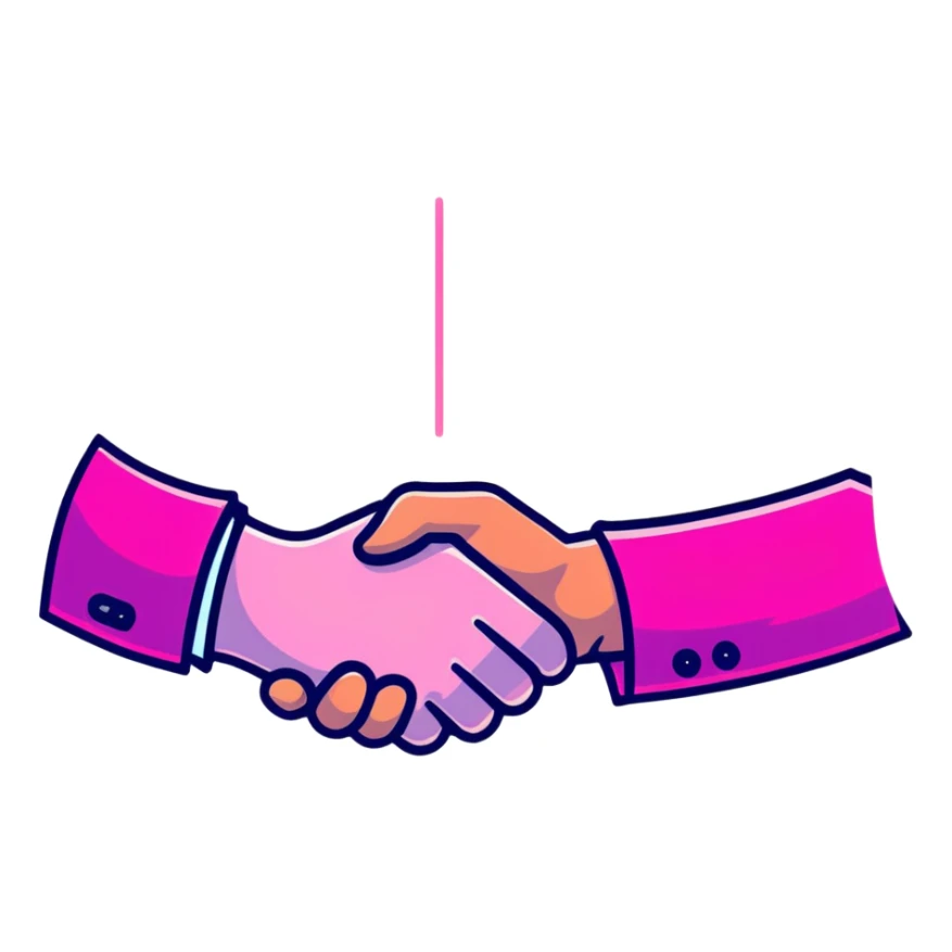 handshake, transparent glass with bright pink gradient from #FF335F to #FF99AA, soft glow and shadows, minimalistic sticker