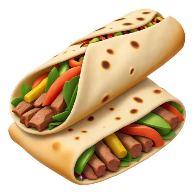 Cinematic Realistic Shawarma Dish Emoji, showcasing spiced, succulent meat wrapped in flatbread with fresh vegetables rendered with lifelike detail and dynamic, appetizing lighting. sticker
