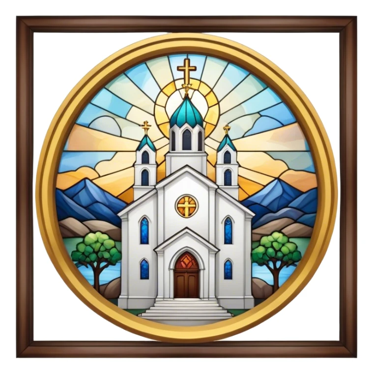 A beautiful white church with a gold cross on top and stained glass windows sticker
