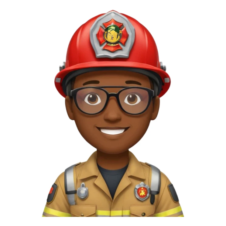 Young, male, dark skin, wearing sunglasses, firefighter uniform, happy sticker