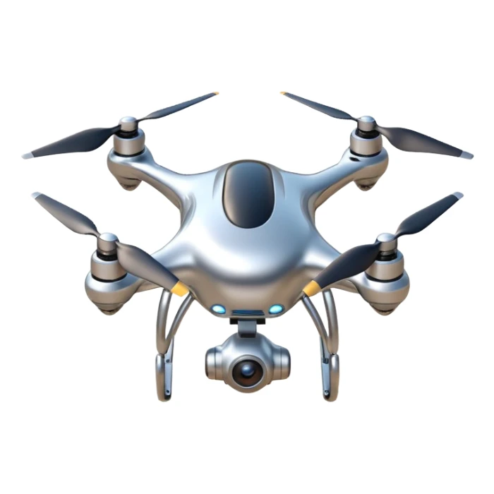 A futuristic drone emoji made of polished silver chrome, smooth rounded body, minimal propellers, reflective metallic surface, soft studio lighting, iOS emoji style, centered, clean white background sticker